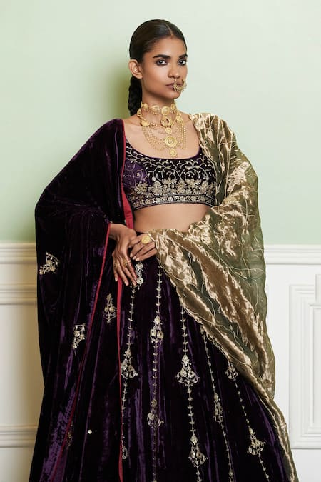 Buy Devnaagri Purple Velvet, Silk, Tissue Sequins, Zari Deep Zardozi Embroidered Lehenga Set Online at Aza Fashions Buy_Devnaagri_Purple Velvet, Silk, Tissue Sequins, Zari Deep Zardozi Embroidered Lehenga Set _Online_at_Aza_Fashions
