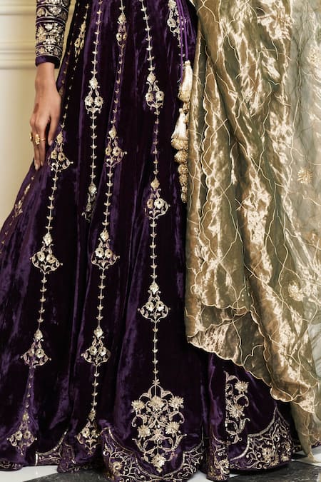 Shop Devnaagri Purple Velvet, Silk, Tissue Sequins, Zari Deep Zardozi Embroidered Lehenga Set Online at Aza Fashions Shop_Devnaagri_Purple Velvet, Silk, Tissue Sequins, Zari Deep Zardozi Embroidered Lehenga Set _Online_at_Aza_Fashions