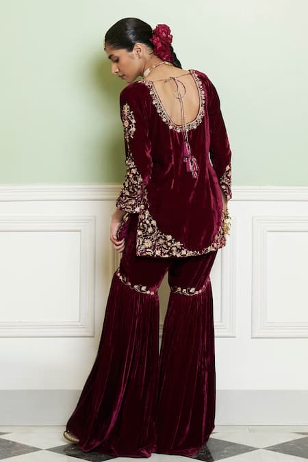 Shop Devnaagri Wine Velvet, Silk Embroidery, Sequins, Zari Split Zardozi Kurta Gharara Set at Aza Fashions Shop_Devnaagri_Wine Velvet, Silk Embroidery, Sequins, Zari Split Zardozi Kurta Gharara Set _at_Aza_Fashions