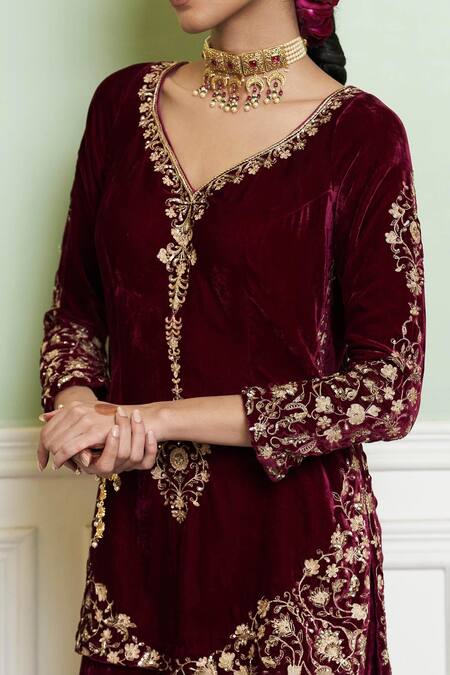 Devnaagri Wine Velvet, Silk Embroidery, Sequins, Zari Split Zardozi Kurta Gharara Set at Aza Fashions Devnaagri_Wine Velvet, Silk Embroidery, Sequins, Zari Split Zardozi Kurta Gharara Set _at_Aza_Fashions