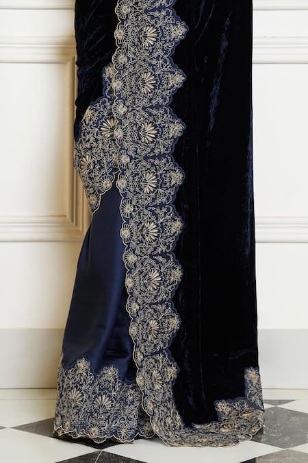 Shop_Devnaagri_Navy Velvet, Modal Sequins, Zari, Embroidery V-neck Scallop Border Saree Set _Online_at_Aza_Fashions