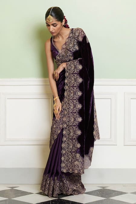 Devnaagri_Purple Velvet, Modal Sequins, Zari, Embroidery V-neck Zardozi Border Saree Set _Online_at_Aza_Fashions