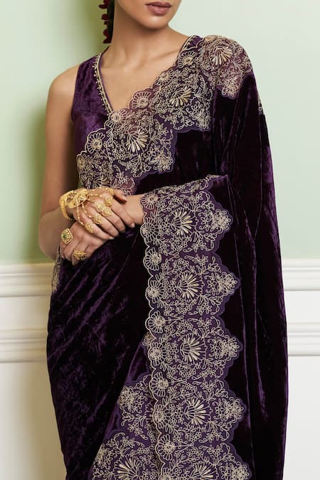 Buy_Devnaagri_Purple Velvet, Modal Sequins, Zari, Embroidery V-neck Zardozi Border Saree Set _Online_at_Aza_Fashions