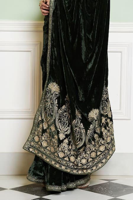 Shop Devnaagri Emerald Green Velvet Sequins, Applique, Zari Floral Embroidered Saree And Blouse Online at Aza Fashions Shop_Devnaagri_Emerald Green Velvet Sequins, Applique, Zari Floral Embroidered Saree And Blouse _Online_at_Aza_Fashions