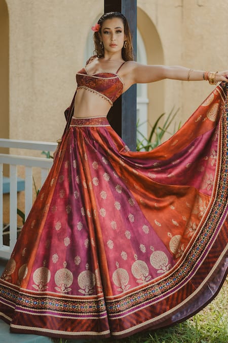 Cedar & Pine Red Tulle, Brocade, Silk Beads, Lace Gradient Foil Printed Lehenga Set Online at Aza Fashions Cedar & Pine_Red Tulle, Brocade, Silk Beads, Lace Gradient Foil Printed Lehenga Set _Online_at_Aza_Fashions
