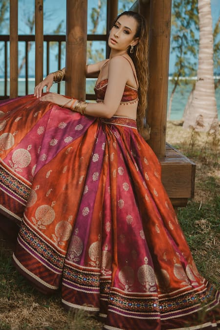 Buy Cedar & Pine Red Tulle, Brocade, Silk Beads, Lace Gradient Foil Printed Lehenga Set Online at Aza Fashions Buy_Cedar & Pine_Red Tulle, Brocade, Silk Beads, Lace Gradient Foil Printed Lehenga Set _Online_at_Aza_Fashions