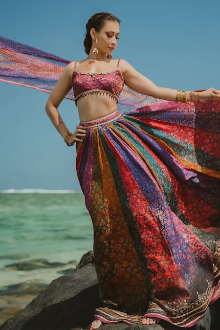 Shop_Cedar & Pine_Multi Color Organza, Brocade Beads, Embroidery Floral Print Gradient Lehenga Set _at_Aza_Fashions