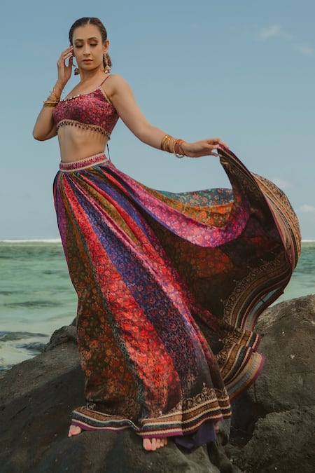 Cedar & Pine_Multi Color Organza, Brocade Beads, Embroidery Floral Print Gradient Lehenga Set _Online_at_Aza_Fashions