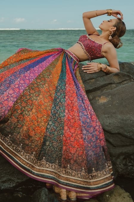 Buy_Cedar & Pine_Multi Color Organza, Brocade Beads, Embroidery Floral Print Gradient Lehenga Set _Online_at_Aza_Fashions