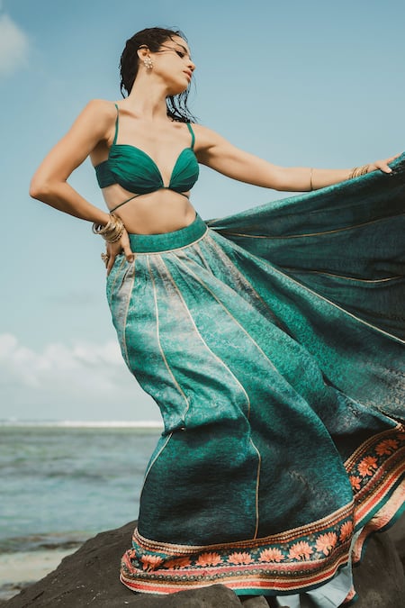 Shop Cedar & Pine Aqua Tulle, Brocade, Georgette Embroidery, Kalindi Printed Gradient Lehenga Set at Aza Fashions Shop_Cedar & Pine_Aqua Tulle, Brocade, Georgette Embroidery, Kalindi Printed Gradient Lehenga Set _at_Aza_Fashions