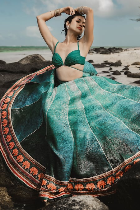 Buy Cedar & Pine Aqua Tulle, Brocade, Georgette Embroidery, Kalindi Printed Gradient Lehenga Set Online at Aza Fashions Buy_Cedar & Pine_Aqua Tulle, Brocade, Georgette Embroidery, Kalindi Printed Gradient Lehenga Set _Online_at_Aza_Fashions