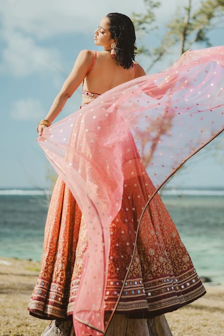 Shop Cedar & Pine Red Tulle, Brocade Crystals, Lace, Mirrors Sweetheart Printed Ombre Lehenga Set at Aza Fashions Shop_Cedar & Pine_Red Tulle, Brocade Crystals, Lace, Mirrors Sweetheart Printed Ombre Lehenga Set _at_Aza_Fashions