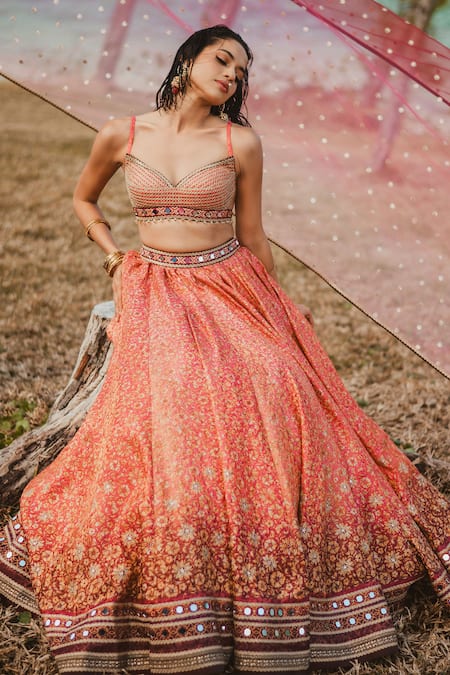 Cedar & Pine Red Tulle, Brocade Crystals, Lace, Mirrors Sweetheart Printed Ombre Lehenga Set Online at Aza Fashions Cedar & Pine_Red Tulle, Brocade Crystals, Lace, Mirrors Sweetheart Printed Ombre Lehenga Set _Online_at_Aza_Fashions