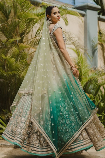 Cedar & Pine Gold-Green Embellished Ombre Lehenga Set 