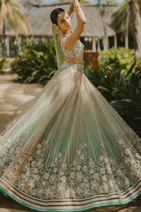 Cedar & Pine_Gold Tulle, Silk Pearls, Mirrors, Gold-green Embellished Ombre Lehenga Set _Online_at_Aza_Fashions