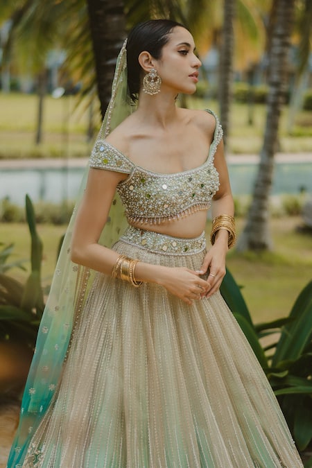 Buy_Cedar & Pine_Gold Tulle, Silk Pearls, Mirrors, Gold-green Embellished Ombre Lehenga Set _Online_at_Aza_Fashions