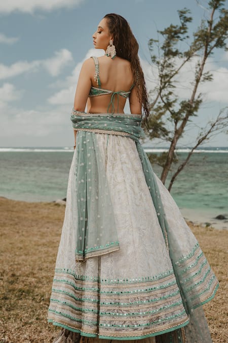 Shop_Cedar & Pine_Green Organza, Tulle Lace, Pearls, Sequins, Zari Plunge Embellished Lehenga Set_at_Aza_Fashions