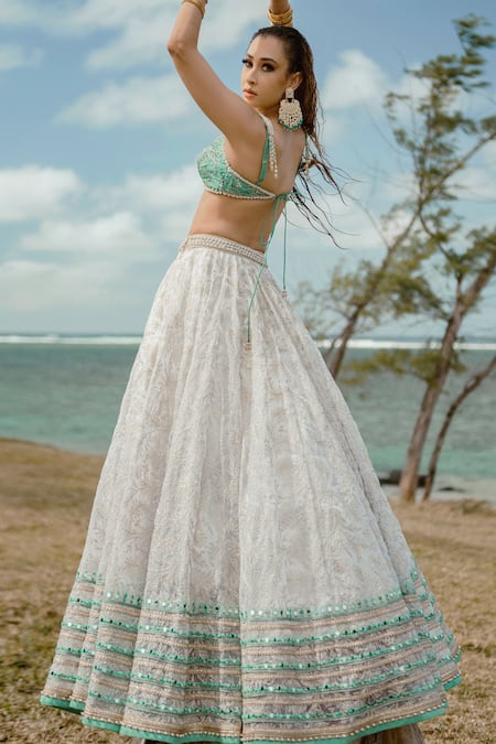 Cedar & Pine_Green Organza, Tulle Lace, Pearls, Sequins, Zari Plunge Embellished Lehenga Set_Online_at_Aza_Fashions