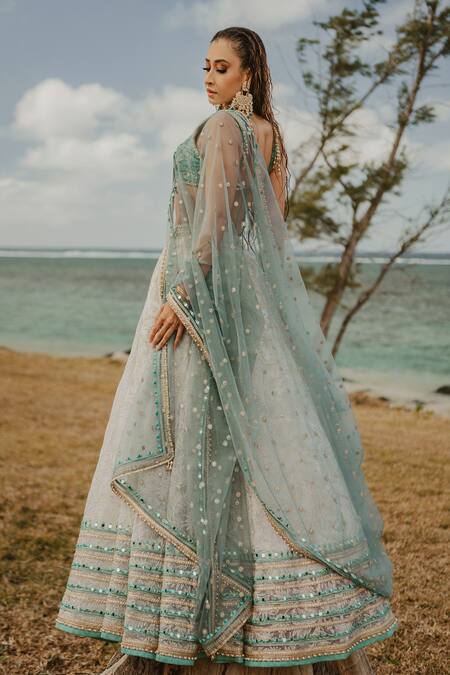 Buy_Cedar & Pine_Green Organza, Tulle Lace, Pearls, Sequins, Zari Plunge Embellished Lehenga Set_Online_at_Aza_Fashions
