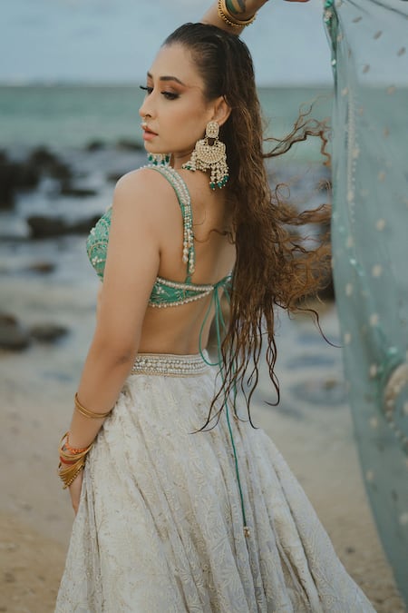 Shop_Cedar & Pine_Green Organza, Tulle Lace, Pearls, Sequins, Zari Plunge Embellished Lehenga Set_Online_at_Aza_Fashions