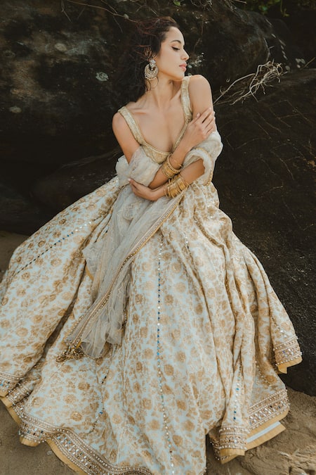 Cedar & Pine_Gold Tulle Tassels, Lace, Sequins, Pearls Floral Vine Embroidered Lehenga Set _Online_at_Aza_Fashions