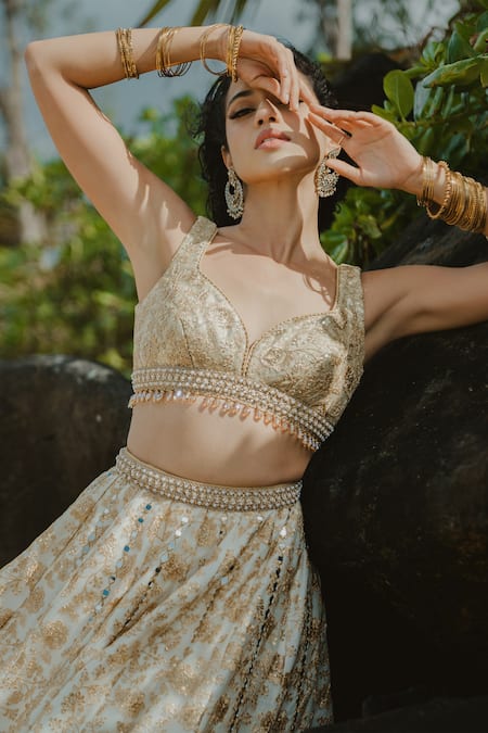 Buy_Cedar & Pine_Gold Tulle Tassels, Lace, Sequins, Pearls Floral Vine Embroidered Lehenga Set _Online_at_Aza_Fashions