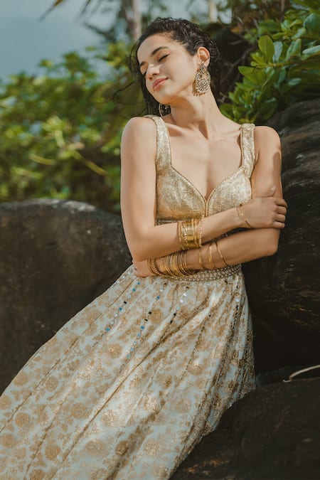 Shop_Cedar & Pine_Gold Tulle Tassels, Lace, Sequins, Pearls Floral Vine Embroidered Lehenga Set _Online_at_Aza_Fashions