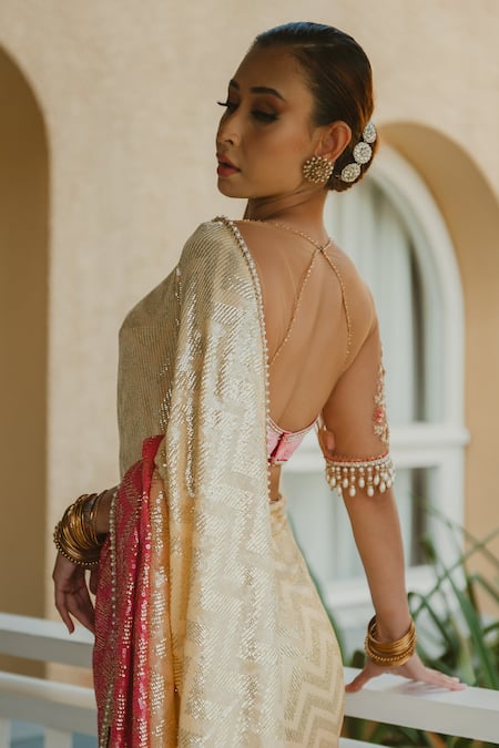 Cedar & Pine Ombre Chevron Sequin Embroidered Saree Set 