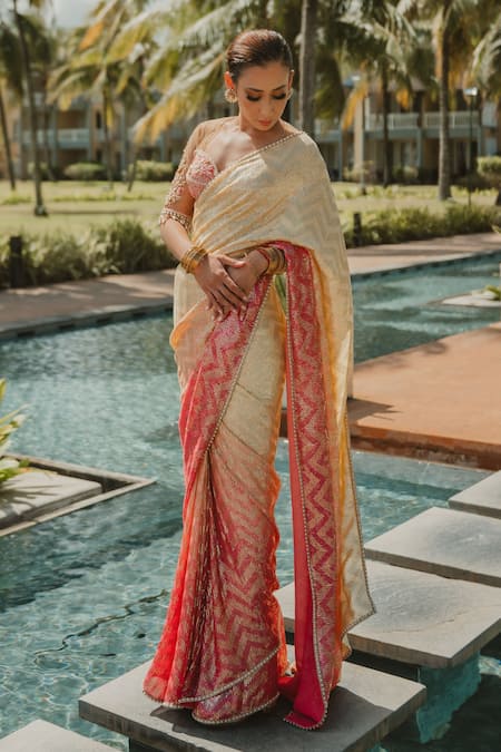 Cedar & Pine Pink Velvet, Tulle, Georgette Pearls, Ombre Chevron Embroidered Saree Set Online at Aza Fashions Cedar & Pine_Pink Velvet, Tulle, Georgette Pearls, Ombre Chevron Embroidered Saree Set _Online_at_Aza_Fashions