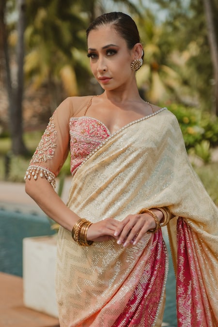 Buy Cedar & Pine Pink Velvet, Tulle, Georgette Pearls, Ombre Chevron Embroidered Saree Set Online at Aza Fashions Buy_Cedar & Pine_Pink Velvet, Tulle, Georgette Pearls, Ombre Chevron Embroidered Saree Set _Online_at_Aza_Fashions