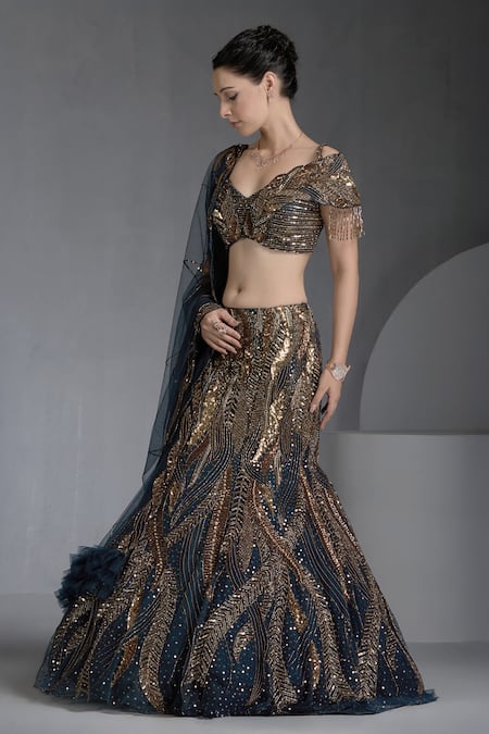 Buy_Chaashni By Maansi And Ketan_Blue Net Sequins, Beads, Cut Metallic Cutdana Embellished Mermaid Lehenga Set _Online_at_Aza_Fashions