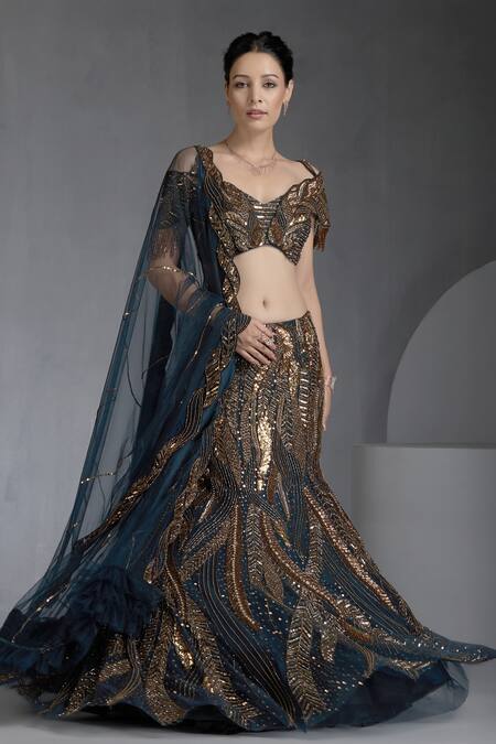 Shop_Chaashni By Maansi And Ketan_Blue Net Sequins, Beads, Cut Metallic Cutdana Embellished Mermaid Lehenga Set _Online_at_Aza_Fashions