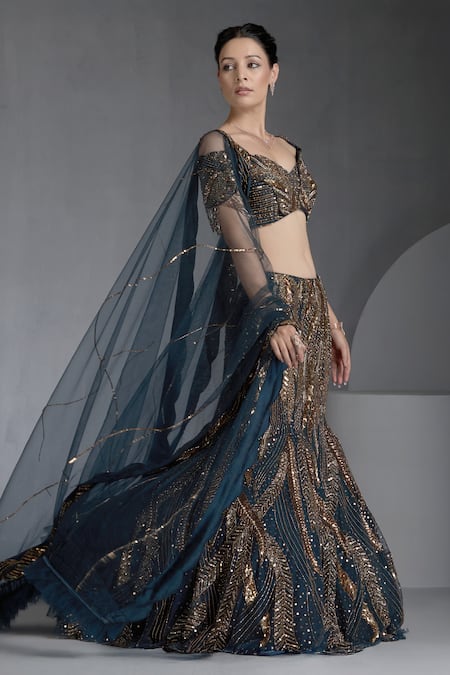 Chaashni By Maansi And Ketan_Blue Net Sequins, Beads, Cut Metallic Cutdana Embellished Mermaid Lehenga Set _at_Aza_Fashions