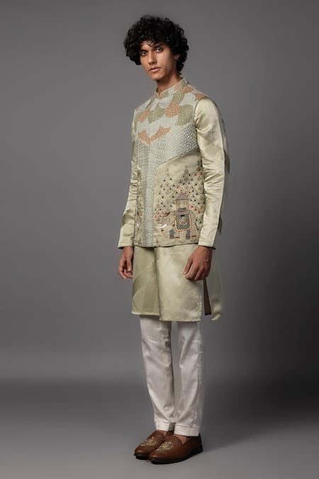 Shop_PAARSH_Yellow Bamboo, Cotton Cut Work, Sequins, Embroidery Elephant Bundi And Kurta Set _Online_at_Aza_Fashions