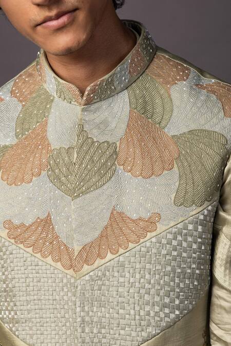 PAARSH_Yellow Bamboo, Cotton Cut Work, Sequins, Embroidery Elephant Bundi And Kurta Set _at_Aza_Fashions