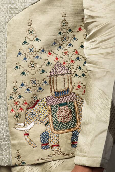 Buy_PAARSH_Yellow Bamboo, Cotton Cut Work, Sequins, Embroidery Elephant Bundi And Kurta Set 