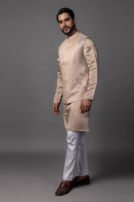 Shop_PAARSH_Pink Linen, Satin Sequins, Beads, Embroidery Kasuti Butterfly Bundi Set _Online_at_Aza_Fashions