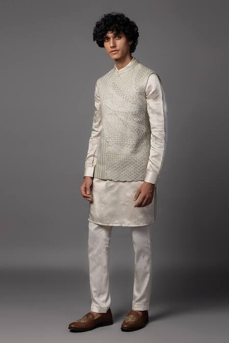 PAARSH_Gray Linen, Satin Cut Work, Sequins, Embroidery Cutdana Bundi And Kurta Set _Online_at_Aza_Fashions