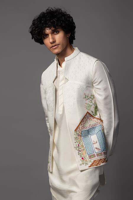 PAARSH Cream Bamboo, Silk Cut Work, Sequins Bird House Embroidered Bundi And Kurta Set Online at Aza Fashions PAARSH_Cream Bamboo, Silk Cut Work, Sequins Bird House Embroidered Bundi And Kurta Set _Online_at_Aza_Fashions