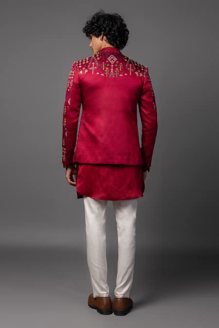PAARSH Red Thread Embroidered Prince Coat Set 