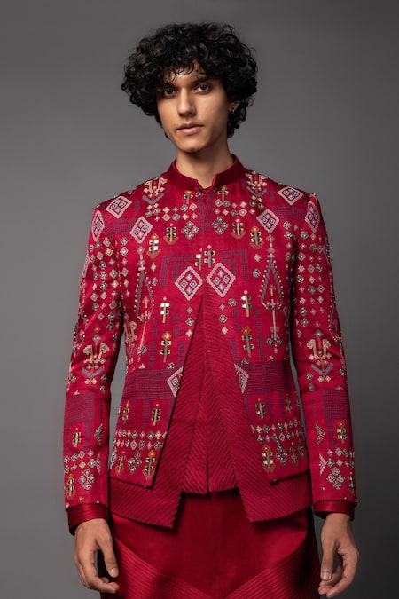 PAARSH_Red Linen, Satin Mirrors, Embroidery Thread Prince Coat Set _Online_at_Aza_Fashions