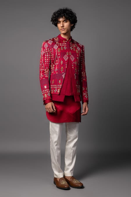 Buy_PAARSH_Red Linen, Satin Mirrors, Embroidery Thread Prince Coat Set _Online_at_Aza_Fashions