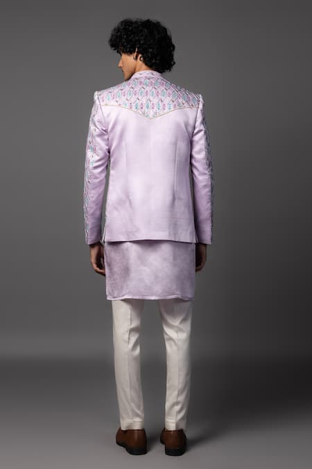 Shop_Paarsh_Purple Linen, Satin Embroidery Lilac Prince Coat Set _at_Aza_Fashions