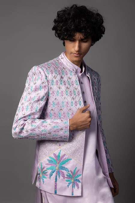 Paarsh_Purple Linen, Satin Embroidery Lilac Prince Coat Set _Online_at_Aza_Fashions