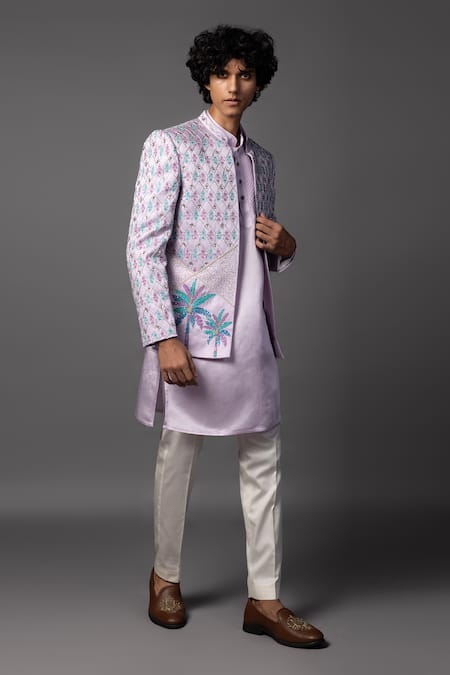 Buy_Paarsh_Purple Linen, Satin Embroidery Lilac Prince Coat Set _Online_at_Aza_Fashions