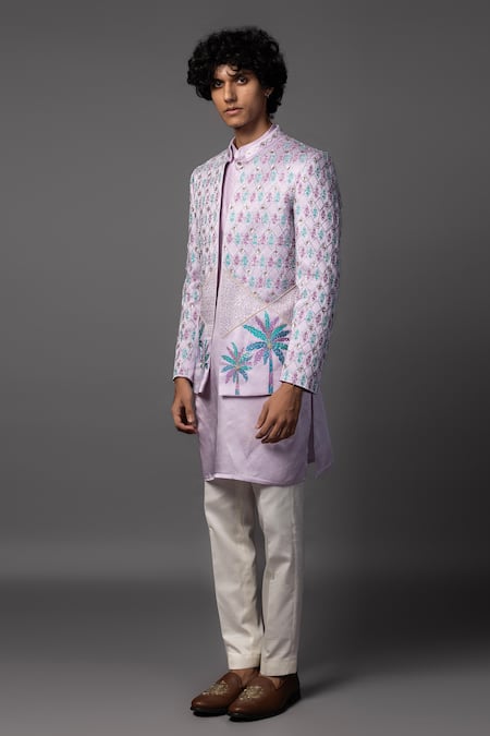 Shop_Paarsh_Purple Linen, Satin Embroidery Lilac Prince Coat Set _Online_at_Aza_Fashions