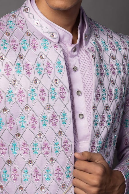 Paarsh_Purple Linen, Satin Embroidery Lilac Prince Coat Set _at_Aza_Fashions