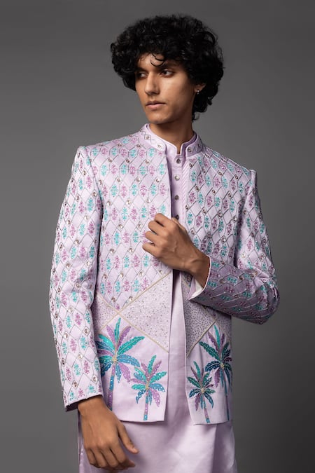 Buy_Paarsh_Purple Linen, Satin Embroidery Lilac Prince Coat Set 