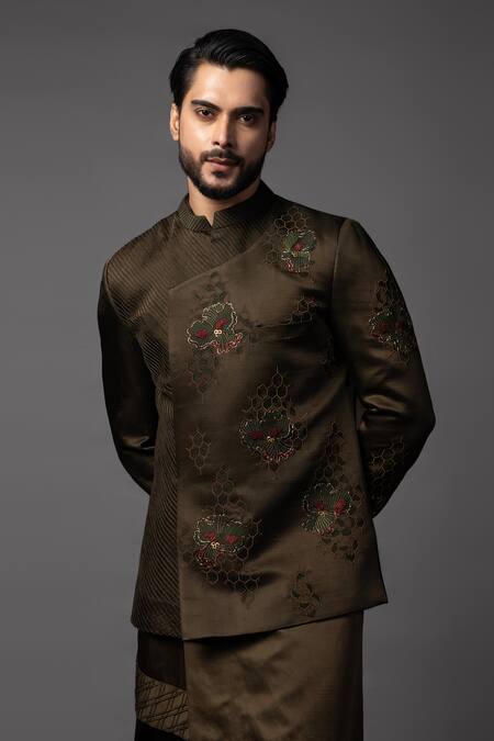 PAARSH_Green Linen, Satin Cut Work, Sequins Hexagon Embroidered Prince Coat Set _Online_at_Aza_Fashions