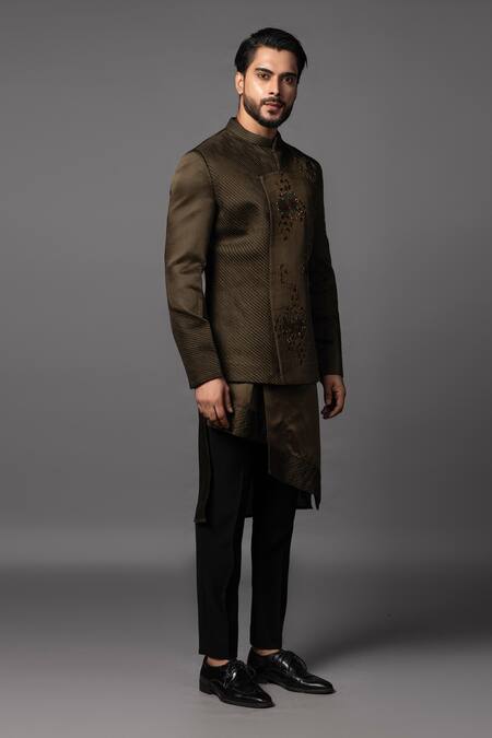 Buy_PAARSH_Green Linen, Satin Cut Work, Sequins Hexagon Embroidered Prince Coat Set _Online_at_Aza_Fashions